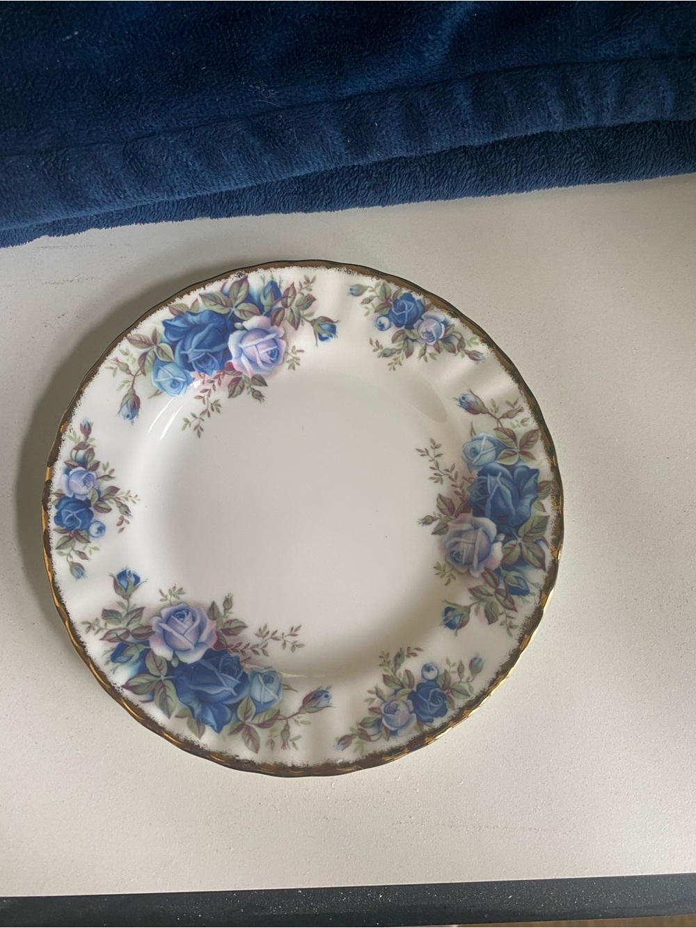 Royal Albert Blue and Pink Floral Porcelain Plate with Gold Rim